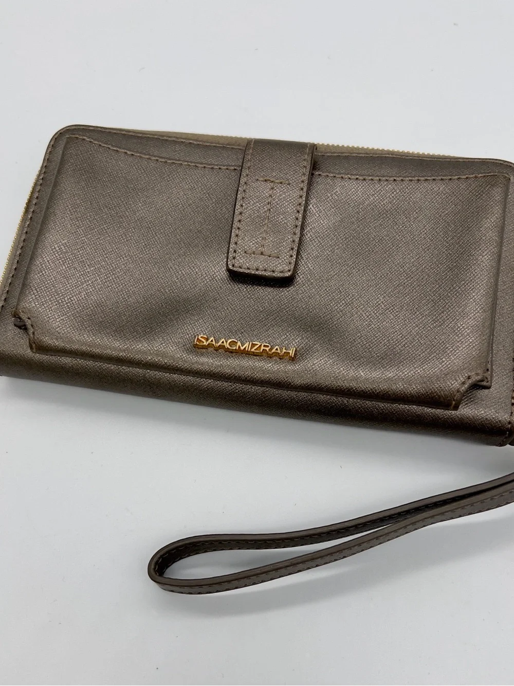 Isaac Mizrahi Metallic gray Wristlet Wallet with Gold Hardware